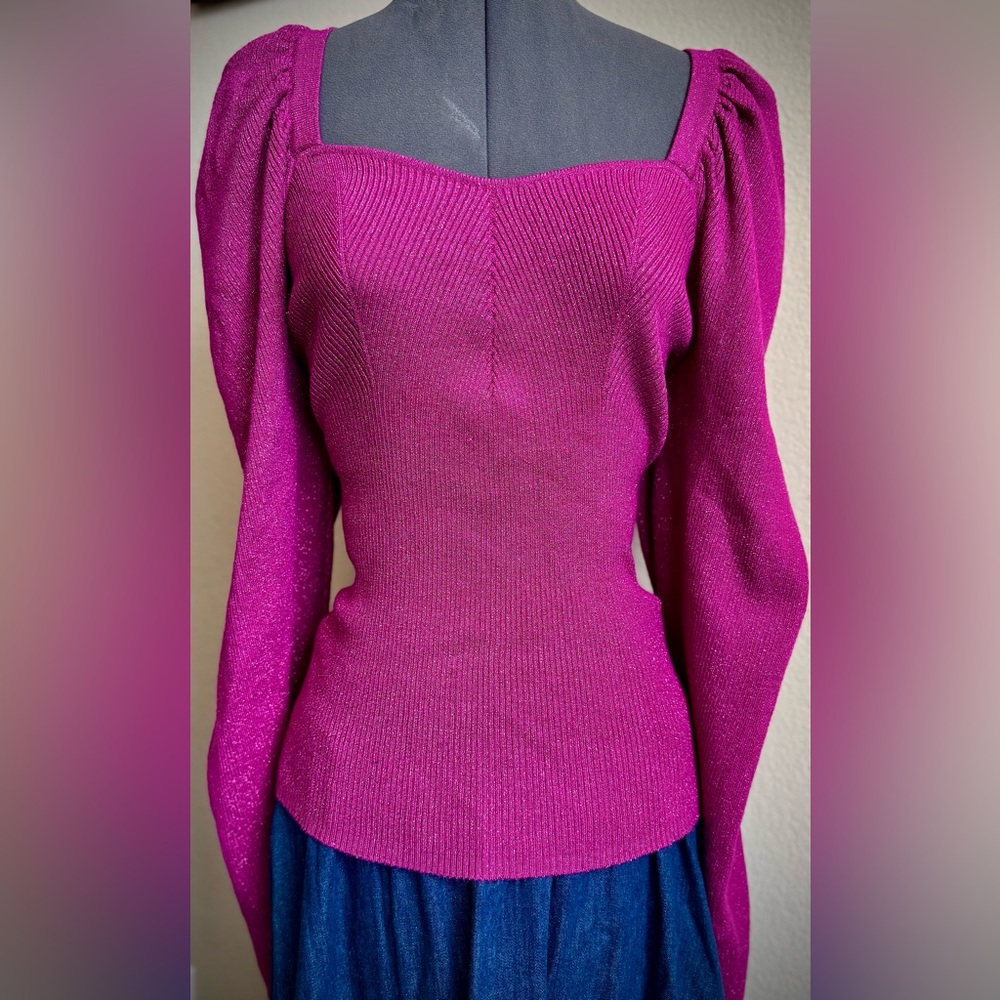 Hot Pink Sparkle Puff Sleeve Ribbed Long Sleeve Blouse Knit Top XXL Sophia Jeans